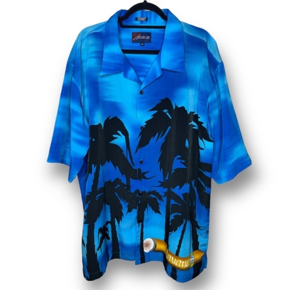 K.A.D. Mens Size XXL Blue Black Havana Palm Tree Tropical Hawaiian Button Down